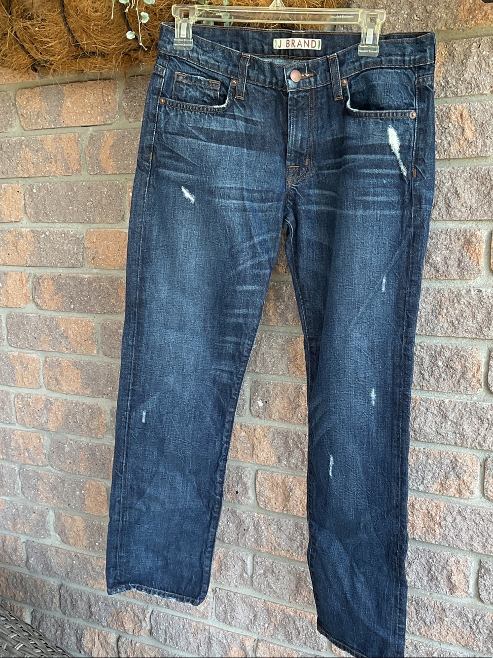 J Brand Dark Indigo Distressed Straight Jeans